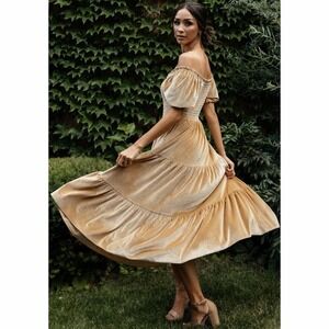 Baltic Born Vivaldi Smocked French Gold Velvet Puff Sleeve Midi Dress